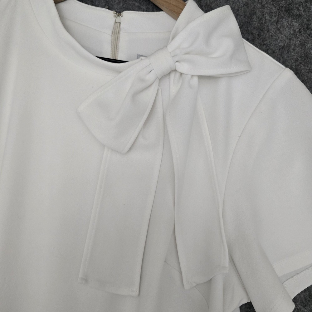 Shelby & Palmer Dress Womens 14W White Bow Neck Shift Short Sleeve‎ Knit Lined - Picture 2 of 12